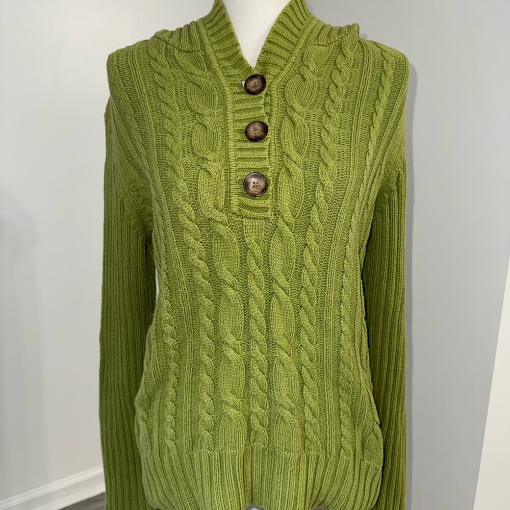 Style & Co Green Cable Knit Sweater XL Button Henley Collar Cozy - Picture 1 of 9